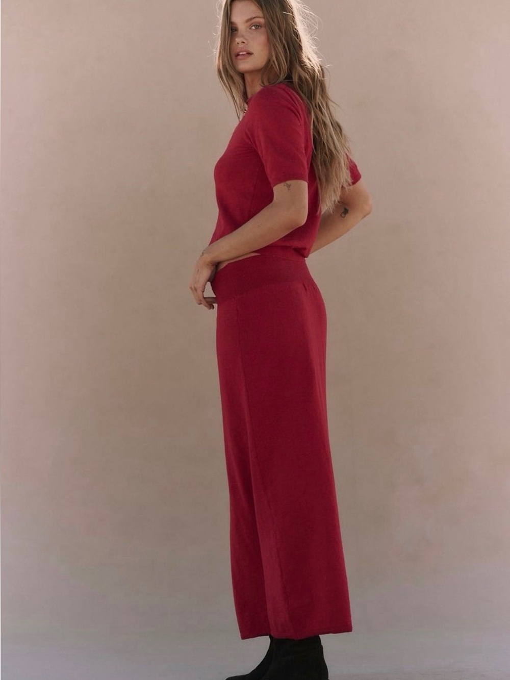 Free People Isabella Cherry Red 2 Piece Crewneck Sweater Top Maxi Skirt Set NWT